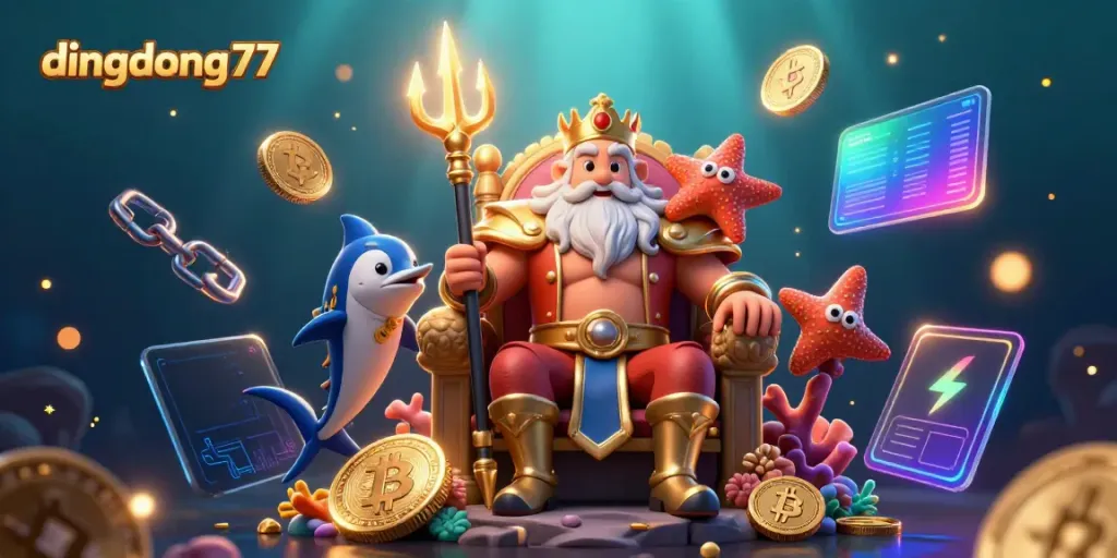 Experience the vibrant world of dingdong77 with Neptune and treasure coins in a dynamic casino scene.
